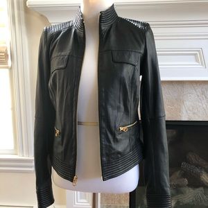 XS fitted black leather jacket gold trim